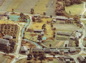 Early East Meon village The River Meon and village dwellings, from la Musee de la Tapisserie, Bayeux